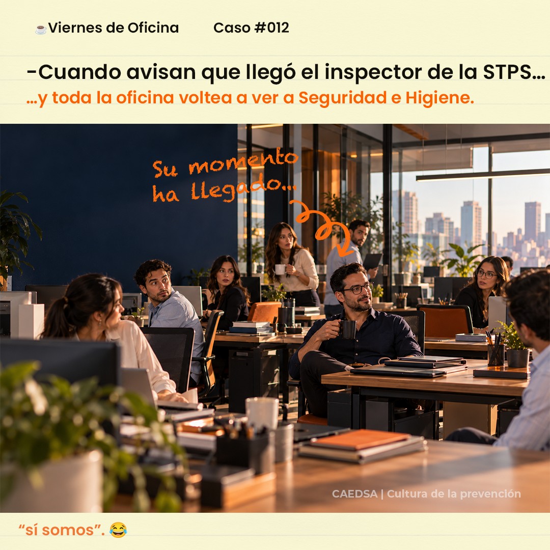 —Llegó el inspector de la STPS.
Silencio.
Marketing deja de escribir.
Recursos Humanos levanta la mirada.
Operaciones deja el café.
Y lentamente…
toda la oficina voltea hacia Seguridad e Higiene.
👁️👁️ 👁️👁️ 👁️👁️
El responsable:
“Muy bien. Ha llegado mi momento.” 😂
☕ Viernes de Oficina
Fuera del meme, recibir una inspección no debería convertirse en una búsqueda desesperada de documentos.
Durante una visita pueden revisarse obligaciones relacionadas con condiciones generales de trabajo y seguridad y salud, además de realizarse revisión documental y recorridos físicos. Gobierno de México
La diferencia está en todo lo que ocurrió antes de que alguien llegara a recepción.
Porque Seguridad e Higiene puede ser quien reciba la visita…
pero el cumplimiento se construye entre muchas áreas de la organización. 🧡💙