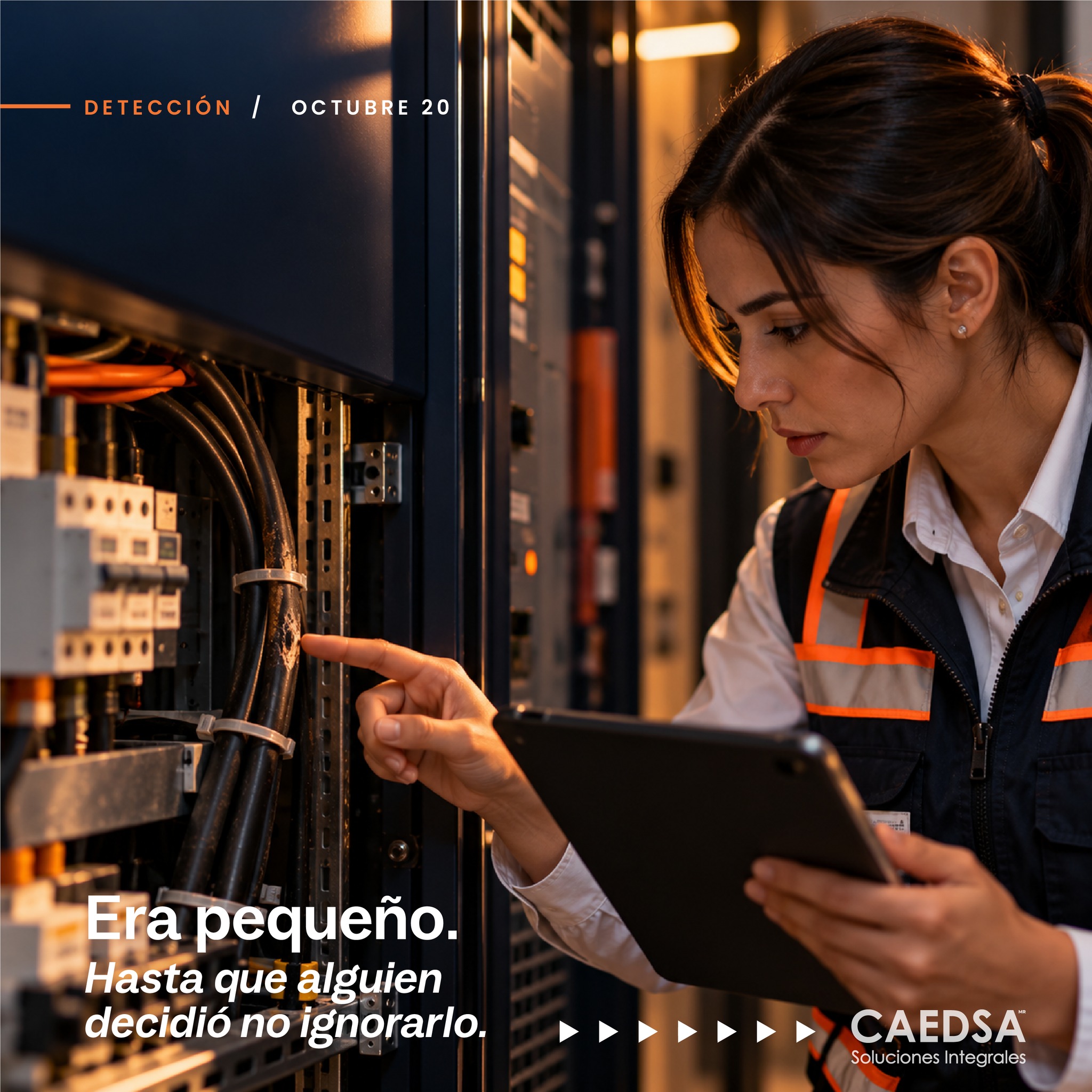 No parecía urgente.
Un cable comenzaba a deteriorarse.
Una conexión ya no estaba en las mismas condiciones.
Un pequeño detalle que podía pasar desapercibido durante semanas.
Y apareció esa frase tan fácil de decir:
“Todavía funciona.”
Pero prevenir no consiste únicamente en reaccionar ante lo evidente.
También significa aprender a observar aquello que todavía parece pequeño.
Las inspecciones y revisiones periódicas permiten identificar condiciones que requieren atención antes de que evolucionen y puedan representar un riesgo para las personas o la operación.
Porque muchos problemas no comienzan siendo enormes.
Comienzan como algo que alguien vio…
y decidió dejar para después.
Detectarlo temprano cambia la historia.